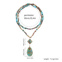Elegante collar de piedra emperador bohemio con colgante de gota de agua de rombo, cadena de cuentas anudadas chapadas en oro a la moda para suéteres