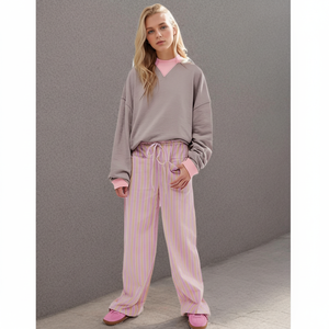 Pantalon à rayures avec cordon de serrage 100% coton Pantalon ample à jambes larges Pantalon décontracté à taille basse Pantalon de salon confortable avec poches - Product Image 1