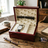 Boîte à montres en bois rouge finition piano, multi-compartiments, doublure en tissu imprimé, logo personnalisé pour l'emballage de marques de montres haut de gamme