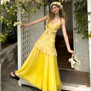 Ensemble deux pièces robe et jupe à imprimé floral pastoral français pour femme, motif irrégulier, tenue décontractée estivale et fraîche - Product Image 2