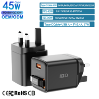 IBD produk baru GAN 45W pengisi daya yang dapat ditarik dengan kabel USB Tipe c EU UK AU Plug pengisian cepat pengisi daya ponsel Laptop grosir