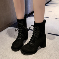 Bottines à lacets pour femmes, talon bloc, en daim extensible, fermeture éclair arrière, style combat, 2 couleurs