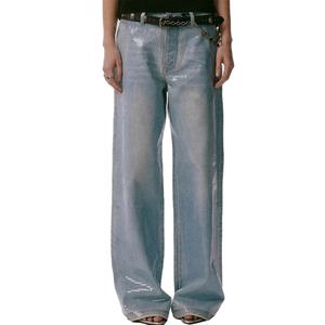 Jeans décontractés taille haute pour femmes, style vintage, bleu délavé, coupe ample, avec sequins, vente en gros - Product Image 1