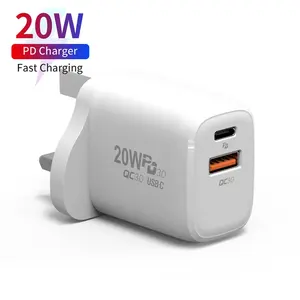 高功率迷你尺寸英国3针插头定制20W USB C充电器C PD QC3.0双USB壁式充电器20瓦苹果手机充电器