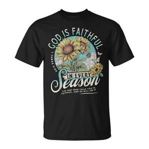 Camiseta con estampado gráfico cristiano de God Is Faithful In Every Season, color negro, unisex, cuello redondo, manga corta, regalo para adultos, iglesia, impresión digital - Product Image 1