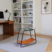 Table d'appoint ovale moderne nordique à 2 niveaux en verre avec cadre noir et poche de rangement orange pour salon, chambre et bureau