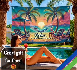 Bandiera in poliestere monofacciale 3x5 piedi con 4 occhielli in ottone - Design 'Relax It's Always Five O'Clock' Tramonto Tropicale Amaca Spiaggia - Product Image 5