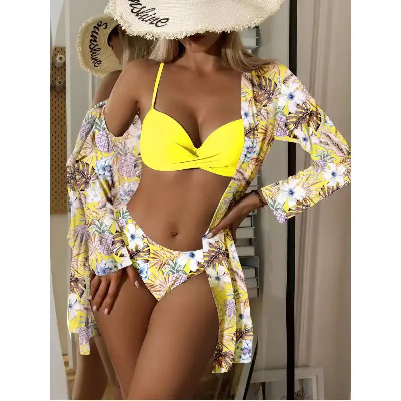 PASUXI Floral Twist Low Waist Bikini Set Cover Up Swimsuit For Women Push Up Long Sleeve Three Pieces Swimwear Beach Suit