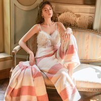 Pyjama d'hiver pour femmes en flanelle épaisse avec dentelle et coussinets de poitrine, haut de camisole, pantalon long, robe, ensemble de salon à domicile 6500
