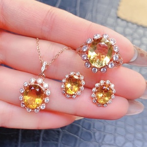 Di alta qualità S925 <span class=keywords><strong>pietra</strong></span> <span class=keywords><strong>preziosa</strong></span> citrina Set di anelli collana e orecchini squisito intarsio donne gioielli decorazione di nozze regalo - Product Image 6