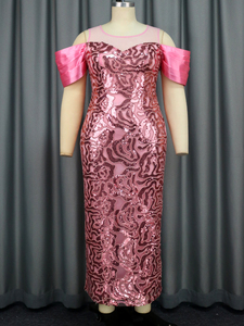 <strong>Cold</strong> <strong>Shoulder</strong> Mesh Satin Sleeves Women Pink Sequin Glitter <strong>Maxi</strong> Evening <strong>Dress</strong> - Product Image 4