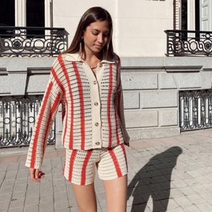 Conjunto de Dos Piezas para <span class=keywords><strong>Mujer</strong></span> Z-5008, Cárdigan Ajustado con Cuello Alto y Botones a Rayas, Pantalones a la Moda - Product Image 1