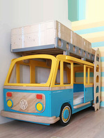 Cama Infantil con Forma de Autobús Vintage, Cama de Madera Maciza con Forma de Coche para Habitación de Niños, Cama Temática Divertida para Dormitorio, Personalización Multifuncional