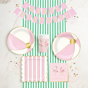 Fournitures de fête d'été DAMAI, ballon de plage à rayures roses et blanches, assiette avec flamant rose, vaisselle jetable, serviettes en papier, gobelets, assiettes - Product Image 4