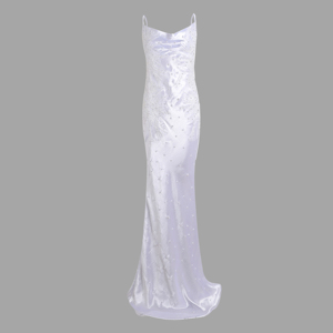 A8824 Estilos de moda Correa de espagueti Mujeres Vestido de novia largo con cuentas Satén Blanco Señoras Vestido de fiesta de cóctel - Product Image 1