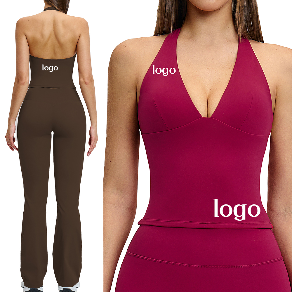 Women's Sleeveless Backless Deep V Neck Built-in Bra Yoga Sports Crop Top Padded Elastic Breathable Workout Gym Halter Tank Top