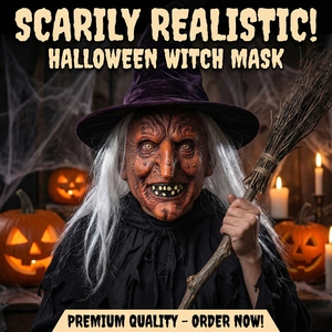 Masque intégral en latex réaliste de sorcière âgée aux cheveux blancs, avec nez en crochet, yeux jaunes, peau ridée, bouche <span class=keywords><strong>sans</strong></span> <span class=keywords><strong>dents</strong></span> - Accessoire amusant et original - Product Image 3