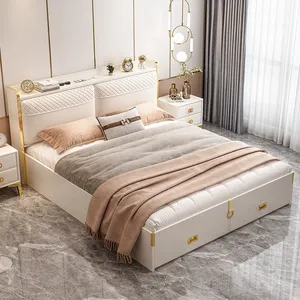 Venta al por mayor marco de cama de listones-Cama doble de cuero genuino para 2 personas, colchón suave, muebles de tamaño King, juego de dormitorio