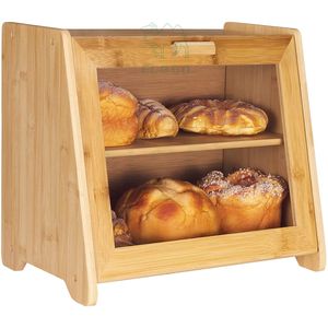Large Bamboo Wood Bread Box With Clear Front Window Farmhouse Style Bread Bin for Kitchen <b>Counter</b> Double Layer Bread - Product Image 1