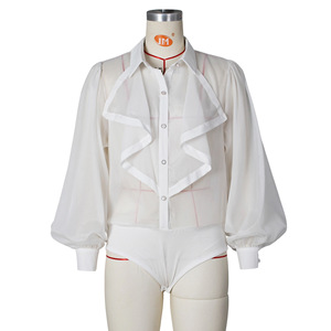 Body de mujer estilo retro sexy con volantes y mangas abullonadas de malla transparente, a la moda - Product Image 3