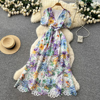 Robe longue décontractée pour femme WIWT, élégante, à imprimé floral, col en V, manches courtes bouffantes, coupe trapèze, avec ourlet en dentelle ajourée et ceinture