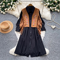 Ensembles Bohèmes Femme 2026 : Gilet Brodé à Franges et Robe Chemise Manches Longues – Tenues Deux Pièces Printemps-Automne