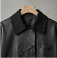Veste en cuir véritable noire pour femme, col en tissu mélangé, taille ajustable avec cordon, manteau décontracté – Grande Vente