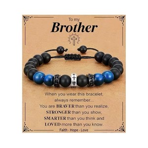 Bracciale Intrecciato con Perline in Occhio di <span class=keywords><strong>Tigre</strong></span> Blu Opaco, Bracciale Sportivo con Croce, Gioiello Regalo per Uomo - Product Image 3