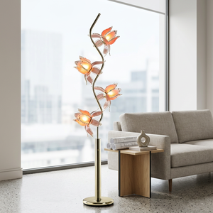 Lampe sur pied florale incurvée de luxe à 4 têtes, tige en S dorée, pétales de lotus roses, lumière ambiante chaude pour la décoration intérieure de la maison, de l'hôtel et de la villa - Product Image 1