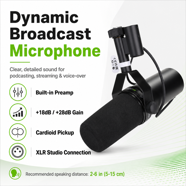 SM7dB Dynamic Studio Microphone with Built-in Preamp - XLR Mic for Podcasting, Streaming & Vocal Recording, Smooth Warm Audio