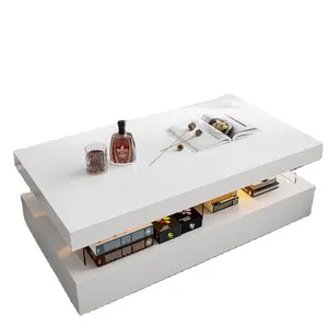 Modern LED light high glossy coffee table table with acrylic design open space and 2 storage drawers