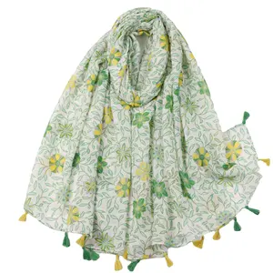 Green Sheer Floral Flower Print Scarves Voile Spring Autumn Mixture Shawl Scarf for Women