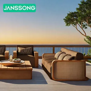 Conjunto de sofá de jardim luxuoso em madeira de teca, conjunto de sofás modernos para hotéis, mobília elegante para pátio, sofá de jardim ao ar livre