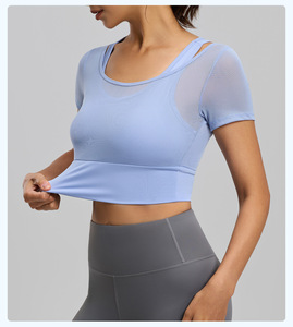 Women Mesh 2 In 1 Short Sleeve Yoga Crop Top with Built In Bra <b>Pads</b> Breathable Gym Workout Top Running Sports Pilates Shirt - Product Image 2