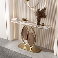 Table Console Simple Décorative pour Couloir Long, Dessus en Marbre, Base en Métal Noir et Or, pour Salon