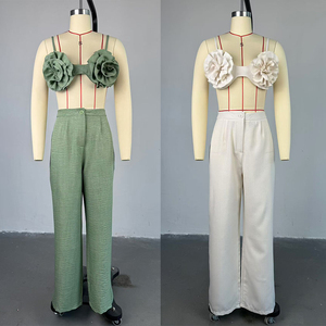 C241214 Elegante Completo Donna con Top a <span class=keywords><strong>Fiori</strong></span> e Pantaloni Lunghi Dritti per Uso Quotidiano - Product Image 2