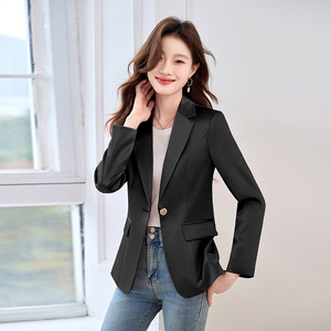 Women's Black Blazer Polyester Solid Color Anti-Wrinkle Formal Suit Jacket - Product Image 1