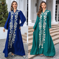 Robe Abaya Boubou à Col en V, Kaftan Thobe Marocain, Robe Abaya Florale Brodé Style Arabe Turc Décontracté, Robe Ethnique du Ramadan