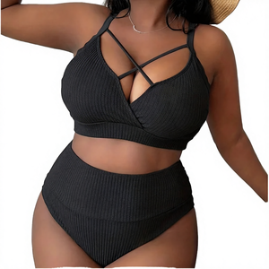 Maillot de bain bikini deux pièces pour femme, taille haute, couleur unie, col en V, séchage rapide, grande taille - Product Image 2