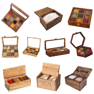 Scatola per <span class=keywords><strong>Spezie</strong></span> in Legno Multiforme, Organizzatore Esagonale e Rettangolare in Legno di Acacia con Coperchio per <span class=keywords><strong>Spezie</strong></span> da Cucina - Product Image 1