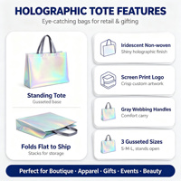 Sacs fourre-tout de luxe en tissu non tissé laminé irisé laser style influenceur de la marque Hzayg avec logos imprimés en sérigraphie pour vêtements