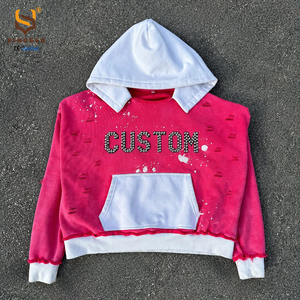 เสื้อฮู้ดดี้ผ้าเฟรนช์เทอร์รี่แบบวินเทจ คอเสื้อแบบดิบ ล้างสีแบบแอซิดวอช พิมพ์ลายสกรีน แต่งสีแบบดิสเทรส ตะเข็บกลับด้าน ประดับด้วยอัญมณี - Product Image 1
