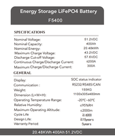 Batterie de stockage d'énergie LiFePO4 51,2 V 400 Ah 20,48 kWh, 6000 cycles, pour systèmes solaires hybrides hors réseau