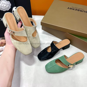 Thick Heel Outwear Elegant Square Toe Cut Out Medium Heel Sals for Women Summer Sexy <b>Slip</b>-on <b>Half</b> Slippers - Product Image 1
