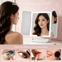 Espejo de Maquillaje LED con Control Táctil, Plegable en Tres Partes, Panel Principal Grande con Aumento, Bandeja de Almacenamiento, Ángulo Ajustable