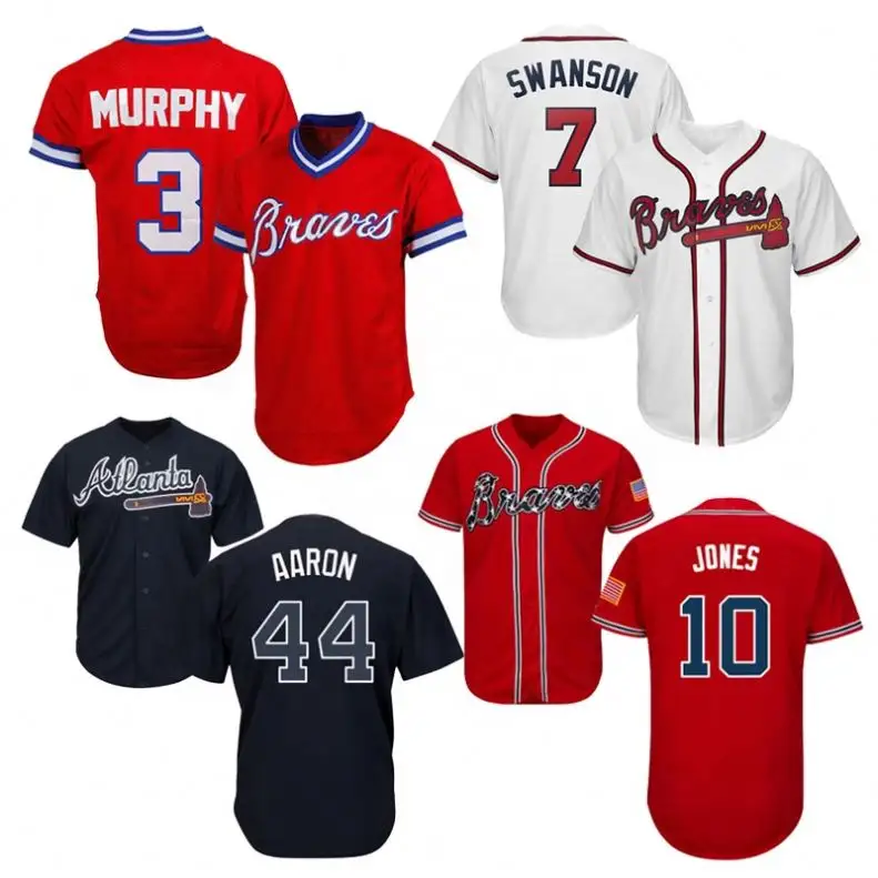 เสื้อเบสบอลของผู้ชาย #44 Hank Aaron #10 Jones ปักเย็บปักถักร้อย #7 Swanson #3 Murphy Atlanta