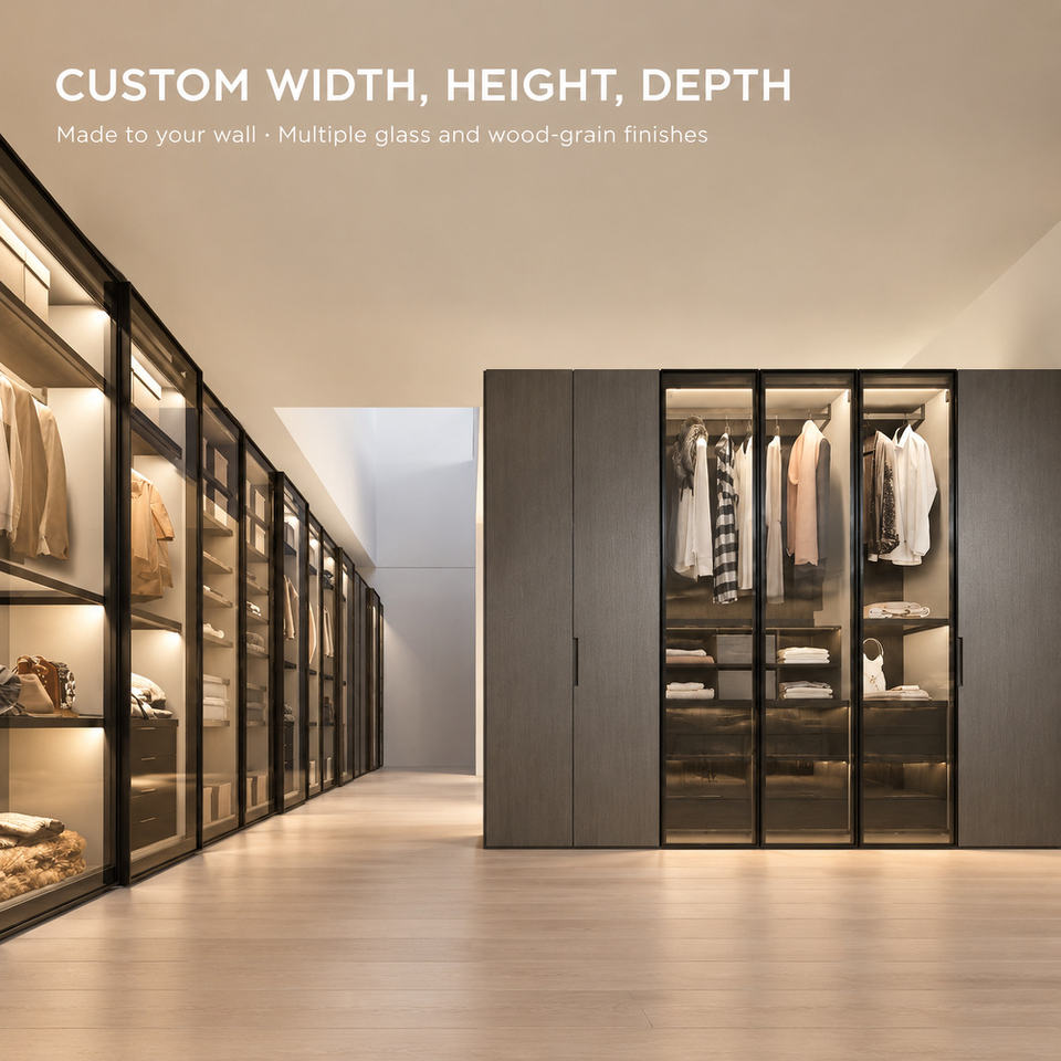 Hinged Glass Door Wardrobe LED Light Clothes Storage Cabinet Modern ...
