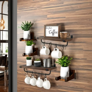 Estante flotante rústico para barra de café, ganchos para <span class=keywords><strong>tazas</strong></span> de té de madera, <span class=keywords><strong>colgador</strong></span> para organizar utensilios de cocina, estante para <span class=keywords><strong>tazas</strong></span> de café de madera con ganchos en S - Product Image 5