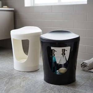 Tabouret de rangement multifonctionnel en plastique avec couvercle, design minimaliste rond noir et blanc, 1 couche, moulé par injection - Product Image 3