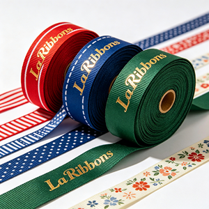 Custom Silver Foil Logo Printing Multi Pattern Polyester Grosgrain <b>Ribbon</b> Stripe Dot Floral Plaid For Apparel & Gift Packaging - Product Image 2
